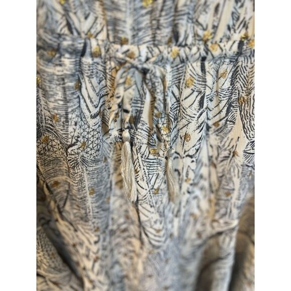 En Creme Ivory Grey Gold Embellished Large Long Sleeve Dress Mini Key Hole Neck - Picture 5 of 8